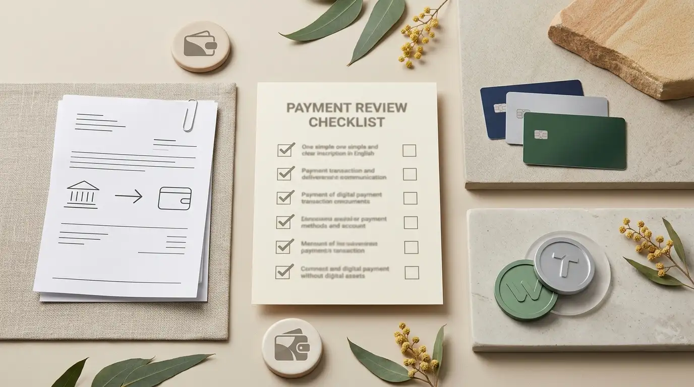 Editorial illustration of payment-route verification for an Australian reader